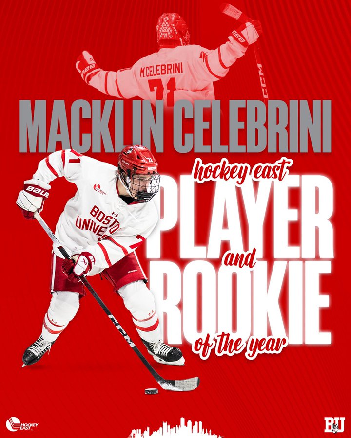 Macklin Celebrini Hockey East Player and Rookie of the Year graphic