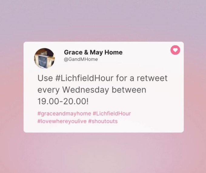 Don't forget about #LichfieldHour between 19.00-20.00 tonight. Add #LichfieldHour to your posts for a #retweet. #graceandmayhome #Lichfield #staffordshire #shopsmall #shoplocal #lichfieldbusiness #supportsmallbusiness #MHHSBD
