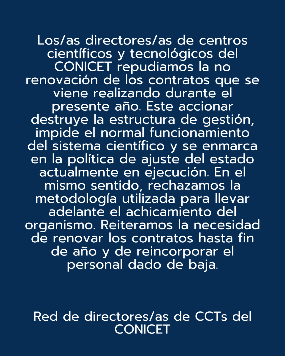 Comunicado de los y las Directores y Directoras de los Centro Científicos Tecnológicos (CCT) del CONICET