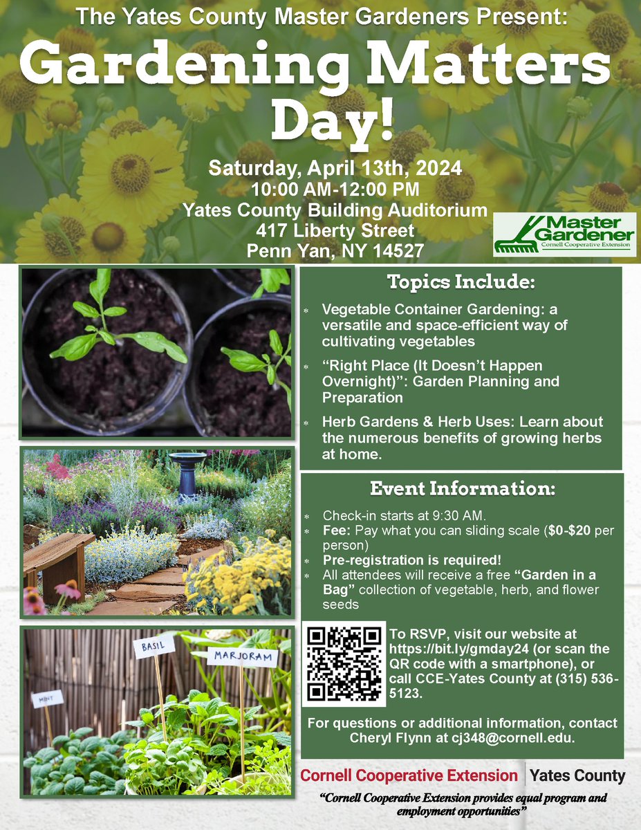 Gardening Matters Day is Saturday, April 13th! Join the Yates County Master Gardeners for a discussion on vegetable container gardening, garden planning, and herb gardens/benefits. To RSVP, visit our website at bit.ly/gmday24 or call CCE-Yates County at (315) 536-5123.