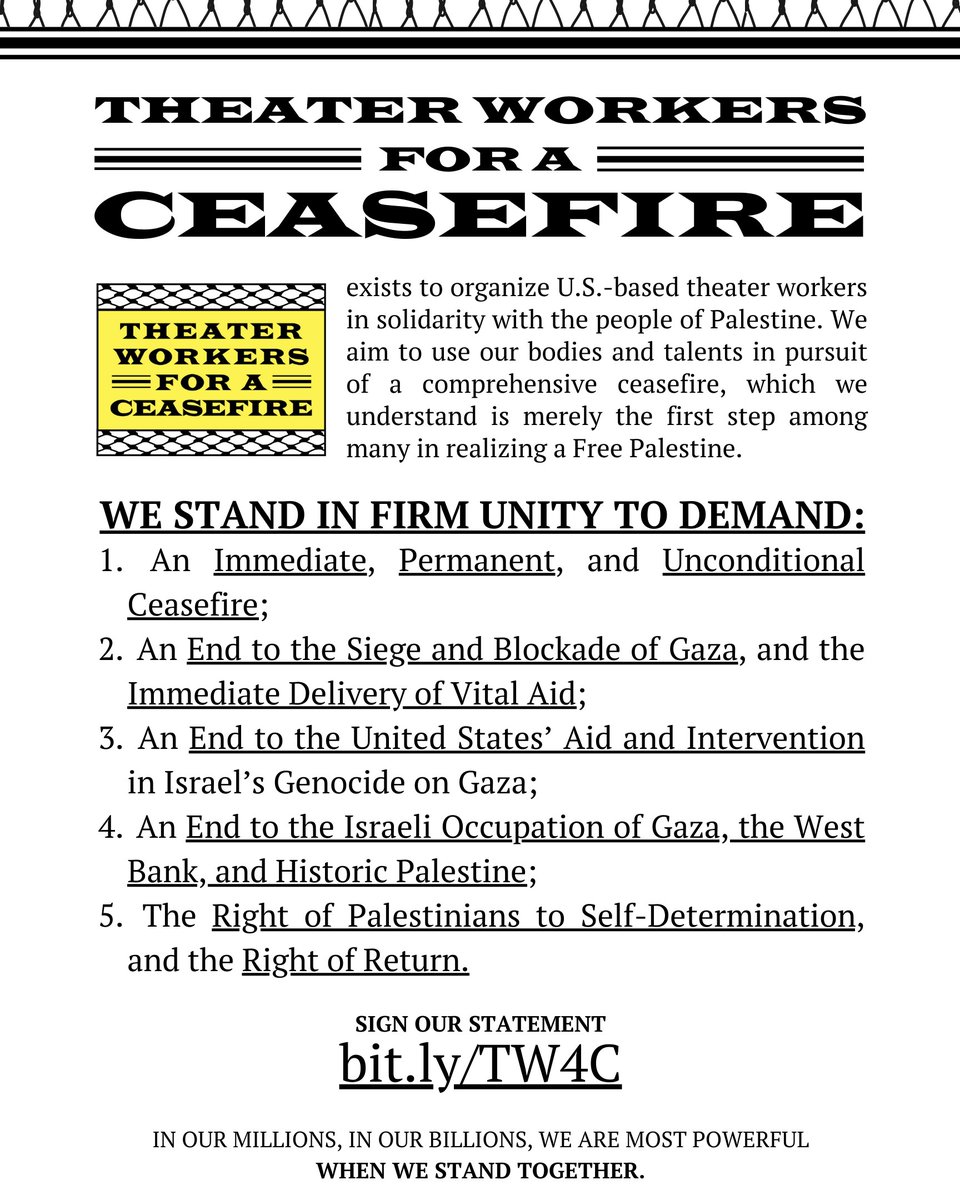 Our statement—with over 100 theater workers calling for a comprehensive ceasefire in Palestine—is public as of today. Please sign and share. We fight repression with solidarity and idleness with action!

theaterworkersforaceasefire.com/statement