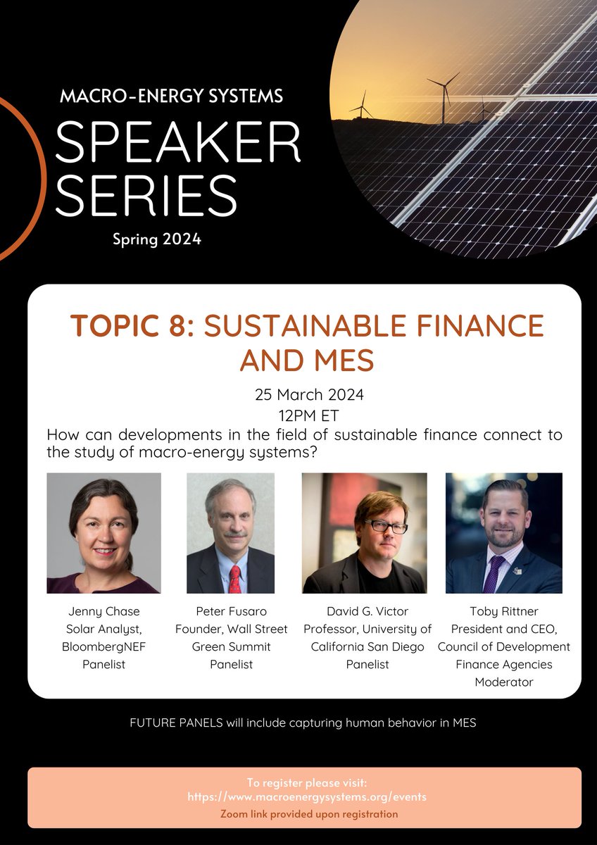 The MES Speaker Series continues next week, on Monday March 25th! We'll hear how Sustainable Finance connects to MES from Jenny Chase <a href="/solar_chase/">Jenny Chase</a>, Peter Fusaro <a href="/fusarotweets/">Peter Fusaro</a>, and David G. Victor of <a href="/GPS_UCSD/">UC San Diego School of Global Policy and Strategy</a>, all moderated by Toby Rittner of <a href="/CDFA_Update/">CDFA</a>
