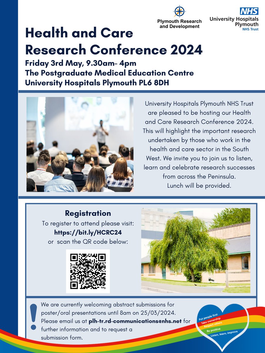 Don't forget to register your free place at bit.ly/HCRC24 so you can join us at our Health & Care Research Conference 2024 in #Plymouth Don't miss the opportunity to network with others interested in health research. @UHP_NHS @DAllcorn @NIHRSW @hospitalradio @livewellsw