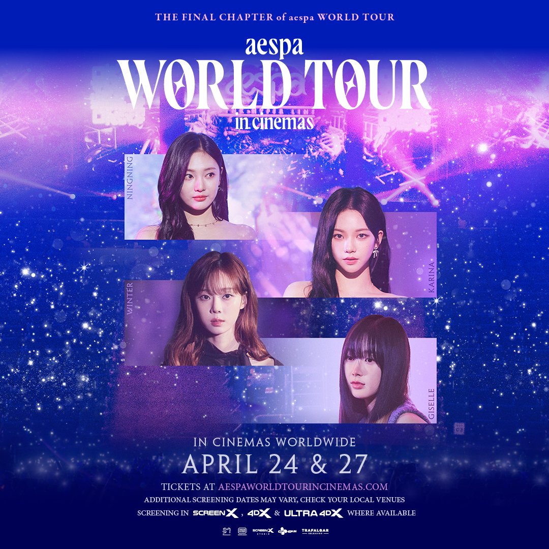 Experience @aespa_official's debut concert film, 'aespa: WORLD TOUR in cinemas,' globally on April 24 & 27! Screening in @screenxofficial, @4DXglobal, & ULTRA 4DX where available. Tickets available March 27. Sign up at aespaworldtourincinemas.com for updates #aespa #aespacinemas
