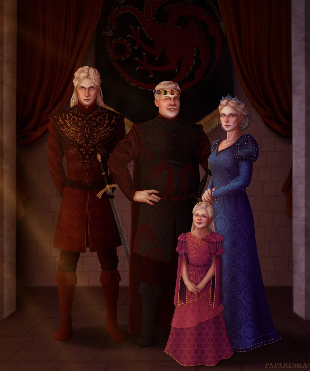This is absolutely GORGEOUS!! King Viserys I, Queen Aemma Arryn, Prince Daemon, and Princess Rhaenyra by 🎨 Paparinka