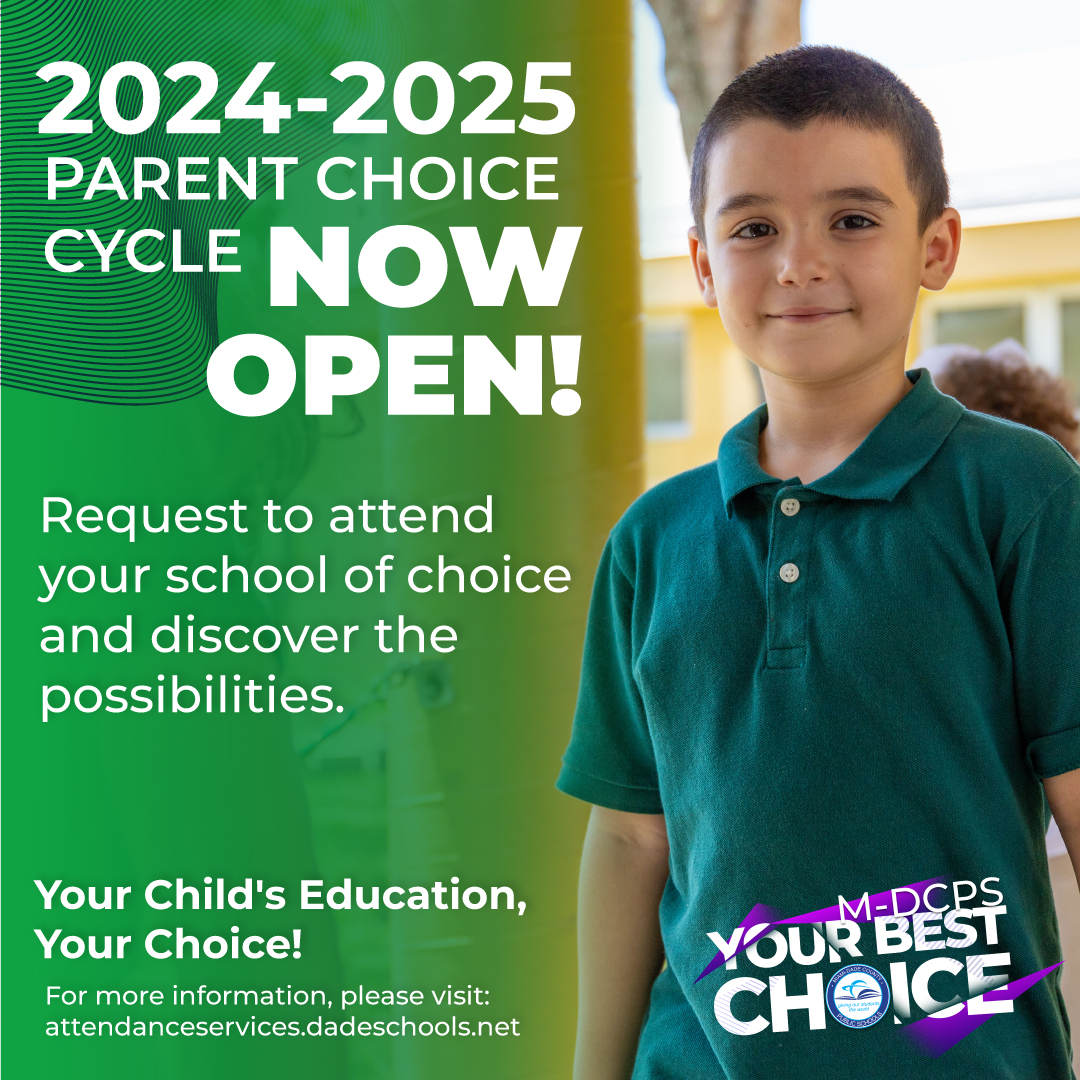 Did you know that you have the opportunity to select the best educational fit for your child? The 2024-2025 Parent Choice cycle is now OPEN. Request to attend your school of choice and discover the possibilities. Learn more at attendanceservices.dadeschools.net/#!/fullWidth/7…. #YourBestChoiceMDCPS