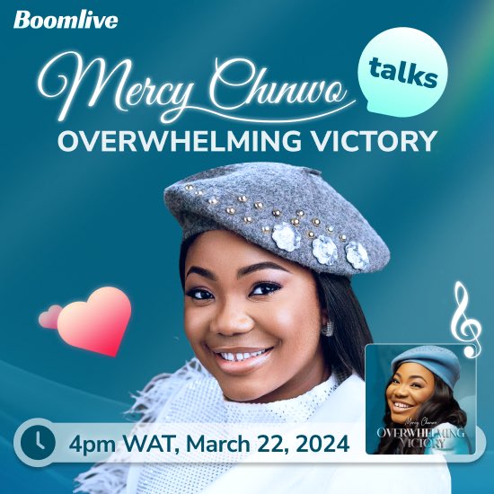 Come experience an #OverwhelmingVictory LIVE with #Boomplay & @MMercychinwo on #BoomLive this Friday. 💃🏾🔥 Jump on the Boomplay app at 4PM, March 22nd, and enter the Live section to have an edifying time! 😇 #HomeOfMusic #MercyChinwoTalks