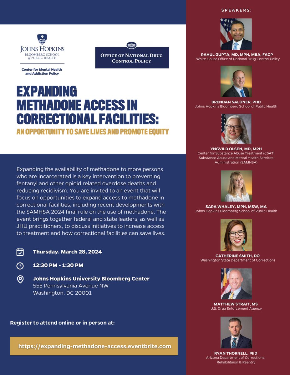 Thursday, March 28 12:30-1:30 @JHSPH_CMAP in partnership with the White House @ONDCP will host an event: Expanding Access to Methadone in Corrections at #HopkinsBloombergCenter.

Register now to join us in person or on zoom!

eventbrite.com/e/expanding-ac…

1/n