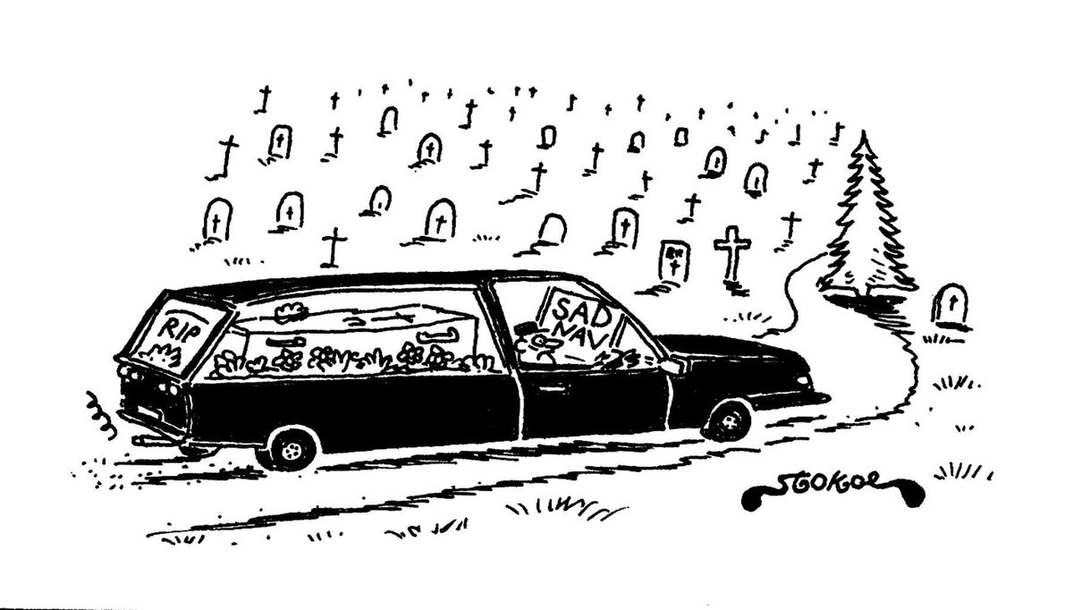 Cartoon for international day of happiness by #stokoecartoons from Private Eye 

#funeral #sad #satnav

#InternationalDayOfHappiness #InternationalHappinessDay