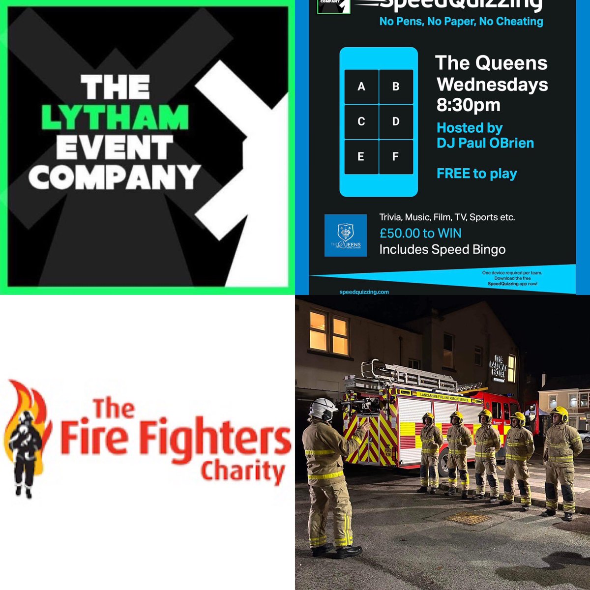 @SpeedQuizzing tonight in @queens_lytham with @djpaulobrien from 8:30pm ✅ FREE to play 💰 WIN £50.00 👩‍🚒 Donations appreciated for @firefighters999 @LancashireFRS @LythamFire 📱 Phone quiz & SpeedBingo #Lytham #Quiz #fun