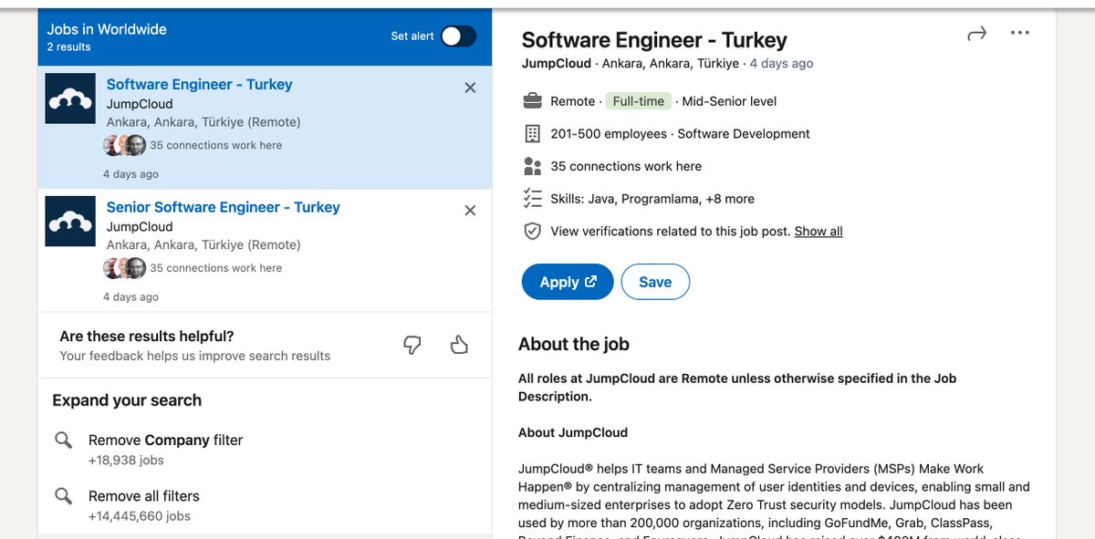 🚨 @JumpCloud olarak Türkiye'deki ekibimizi engineering tarafında başlayarak kısa sürede büyüteceğiz ve çok heyecanlı global işler de bizleri bekliyor. İlk iş ilanlarımız yayınlandı. Özellikle Go tercrübesi olan developer'dan başvuruları bekliyoruz! 🔥 linkedin.com/jobs/search/?c…