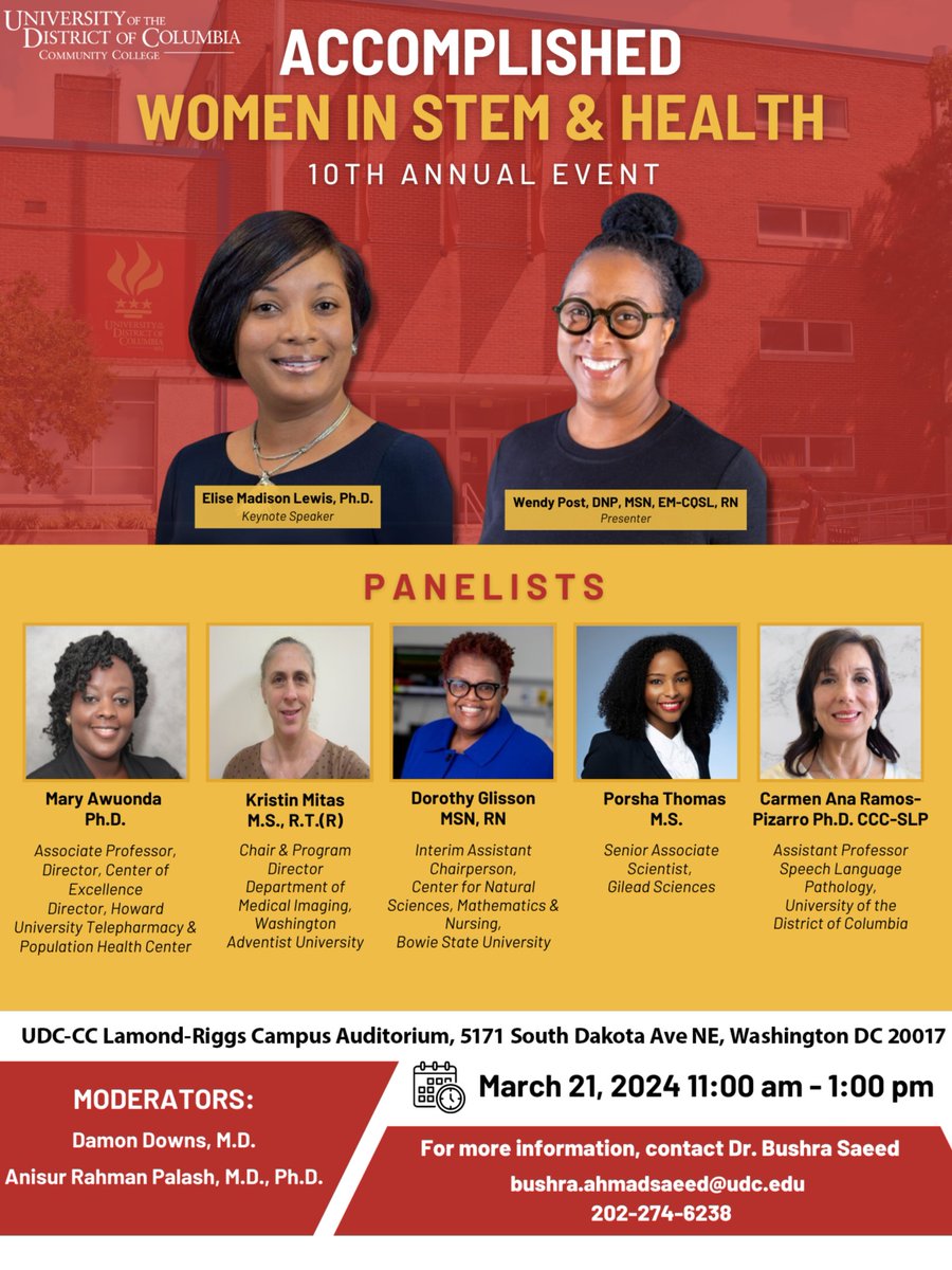 UDC is celebrating #WomensHistoryMonth with our 10th annual Women in STEM & Health event! This incredible panel of experts will share their experiences, advice and insights for anyone seeking to pursue a career in #STEM, health care and related fields. Hope to see you there!