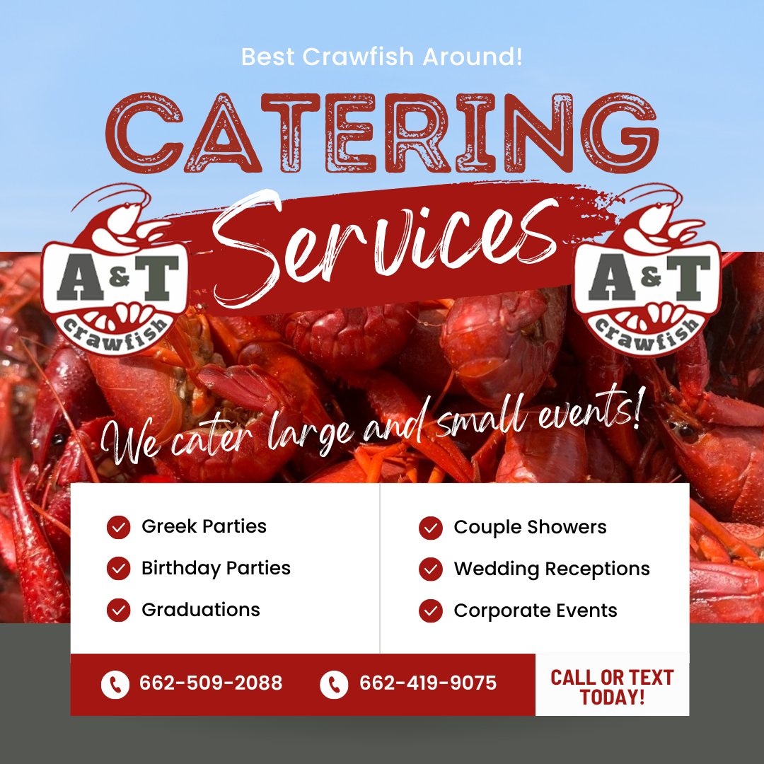 aandtcrawfishco's tweet photo. Celebrate your next event with delicious crawfish from A&amp;T Crawfish! 🦞 Whether it's a Greek-life party, couple's shower, or corporate event, we cater to gatherings big and small. Visit https://t.co/50E7uFo8PL or call 662-509-2088 or 662-419-9075 for more information. https://t.co/u8MEqGdPm3