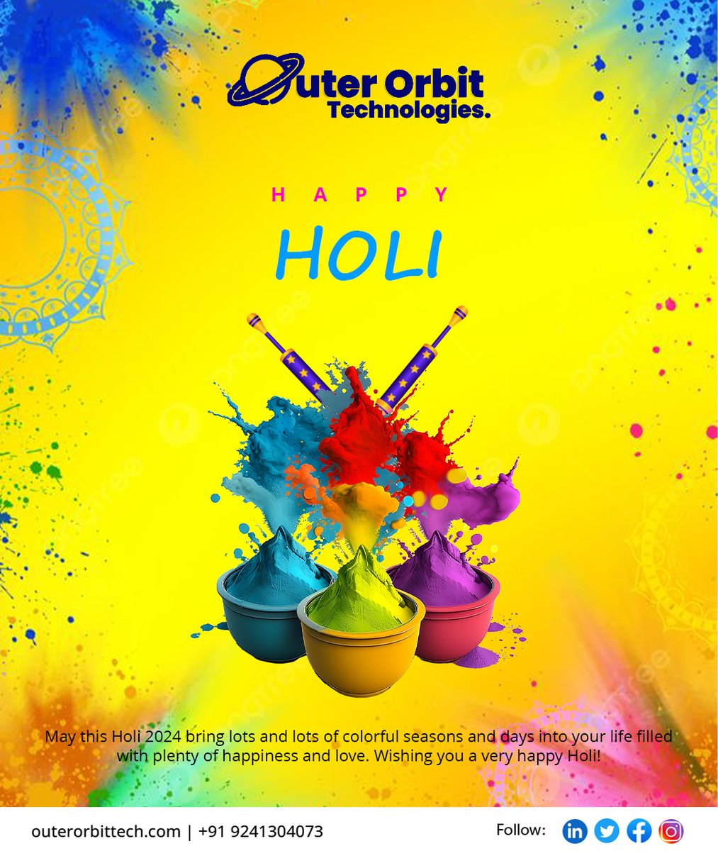 May the colors of Holi fill your life with joy and happiness. 
#HappyHoli #FestivalOfColors #HoliCelebration #ColorfulMoments #JoyfulVibes #HoliFestival #SpreadLoveAndColors #outerorbittech