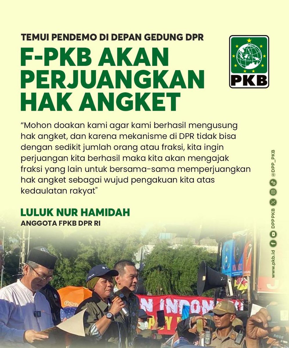 Politisi PKB Luluk Nur Hamidah @lulukhamidah menemui massa pendemo di depan gedung DPR yang menuntut dewan menggunakan hak angket untuk mengusut kecurangan Pemilu 2024. Di hadapan puluhan massa, Luluk berjanji Fraksi PKB akan memperjuangkan dan meloloskan hak angket di DPR.…