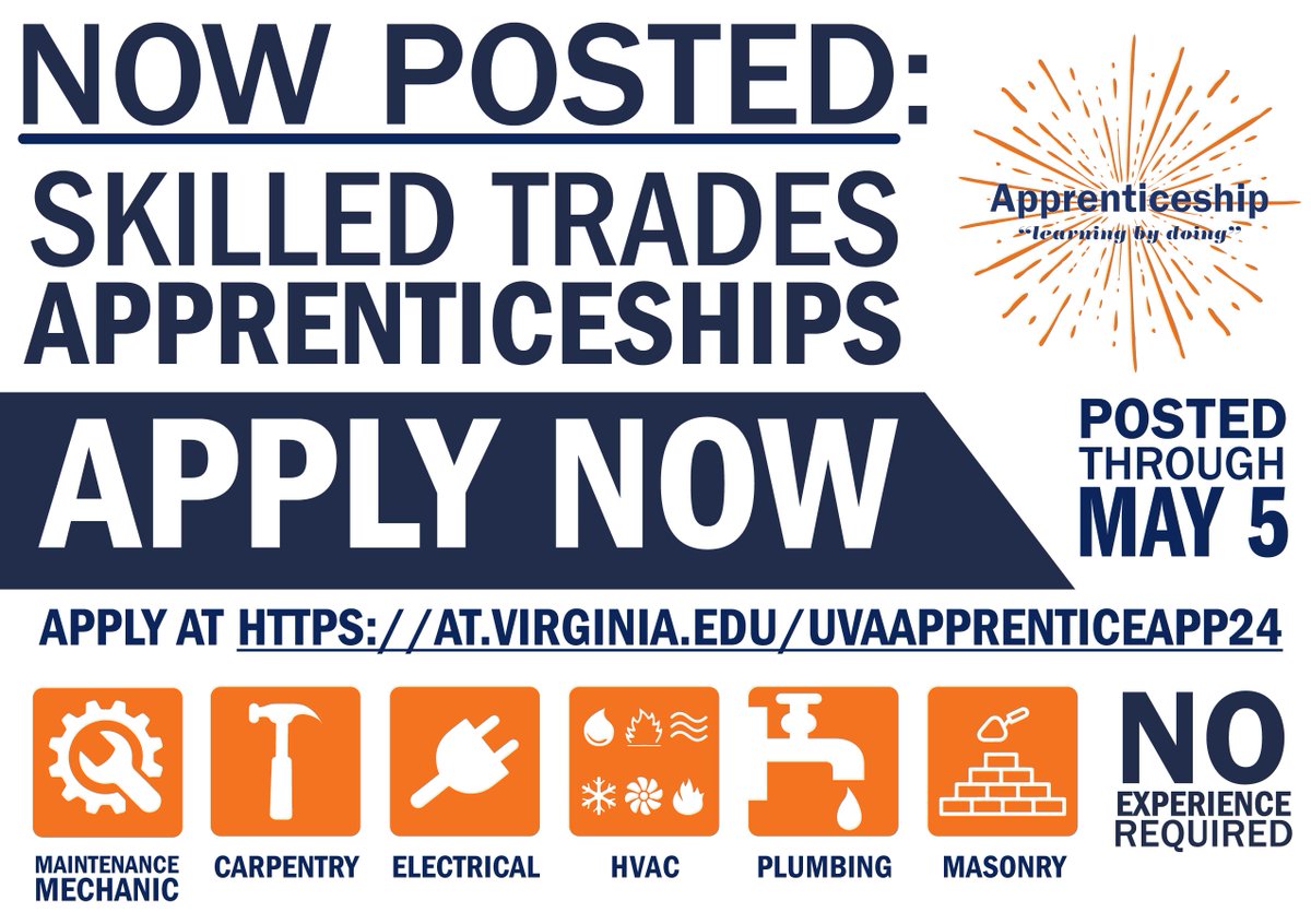 UVA Apprenticeship Program (@uvaapprentice) on Twitter photo Job Openings: <a href="/UVAFM/">UVA Facilities Management</a> #Apprenticeship positions are posted!
Learn more & apply today at buff.ly/3ILiEr7 Job Openings: <a href="/UVAFM/">UVA Facilities Management</a> #Apprenticeship positions are posted!
Learn more & apply today at buff.ly/3ILiEr7