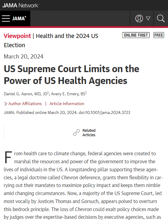 This Viewpoint from @MedlawDan and Avery E. Emery describes how the overturning of Chevron deference could shift the ability to make policy decisions about public health and the environment from administrative agencies to the courts. ja.ma/497SLfU