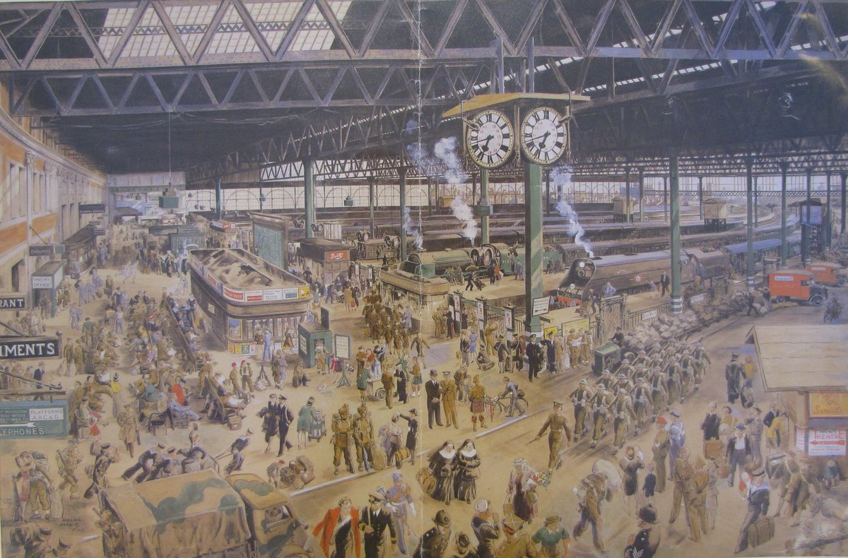 Interesting news about the #Ramadan -related display at @LondonWaterloo station. I wonder if people know about this painting of the station, from 1942 by Helen Mckie? (Copyright @V_and_A )🧵