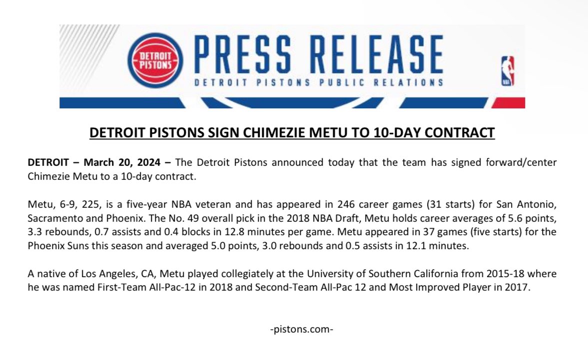 The @DetroitPistons announced today that the team has signed forward/center Chimezie Metu to a 10-day contract.