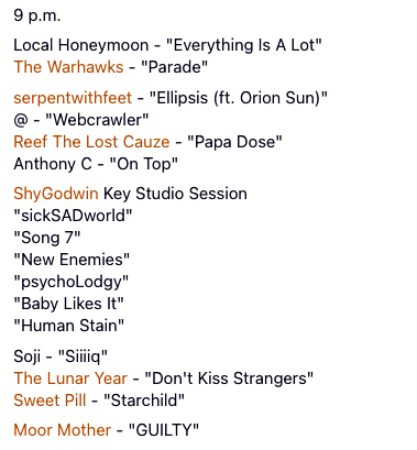 We had a studio session double-header on the show tonight, with indie psychedelia outfit @Pinebarons and punk power trio ShyGodwin! Plus new music by @TierraWhack, @TheWarhawks, @elizahardyjones, and more! Hear the show at the link, see the playlist below. xpn.org/program/wxpn-l…