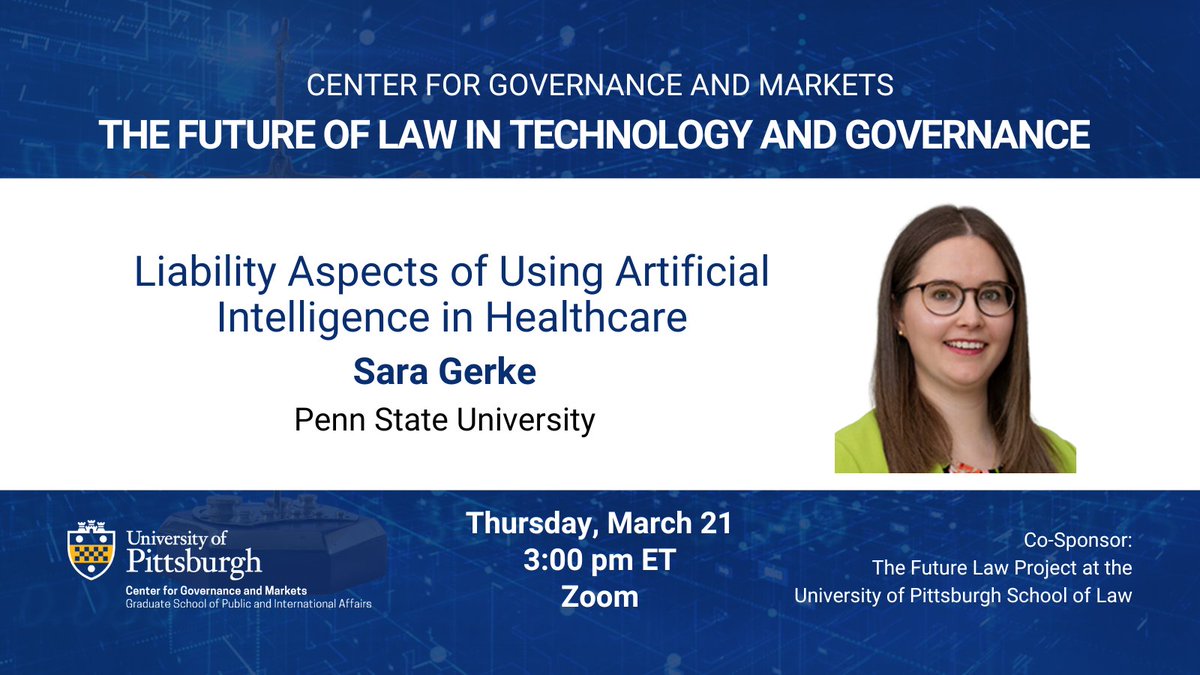 Tomorrow: @gerke_sara, @DickinsonLaw, will discuss Liability Aspects of Using Artificial Intelligence in Healthcare as part of our Future of Law seminar series. 📅 Thurs., Mar 21 ⏰ 3:00 p.m. ET 🖥️ Zoom Only Register ⤵️ pitt.zoom.us/meeting/regist… @PittLaw