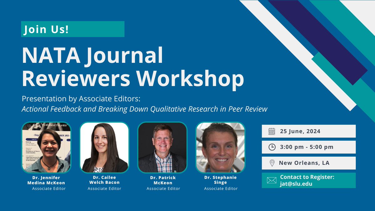 The 2024 Reviewers Workshop will be held on 6/25 at the @NATA1950 Annual Meeting in New Orleans, LA. Presentations will include: ▶️ The State of NATA Journals ▶️ Actional Feedback ▶️ Breaking Down Qualitative Research Please email the editorial office to reserve your spot.