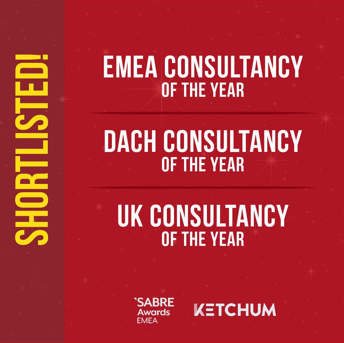 Our global teams are on fire with a hat trick 🎩 🎩 🎩 as @KetchumUk, @KetchumGer and our EMEA teams are shortlisted for Consultancy of the Year at the @PRovoke_news EMEA SABRE Awards. #Ketchumproud of their commitment and drive to create #workthatmatters. Congratulations!