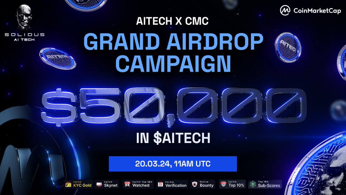 AITECH (@aitechio) on Twitter photo π€ AITECH Partners Up With CoinMarketCap for Grand Airdrop Campaign
π We are thrilled to announce our partnership with <a href="/CoinMarketCap/">CoinMarketCap</a> for the Grand Airdrop Campaign, featuring a $50,000 worth of $AITECH. 10,000 winners will be selected and 131,580 $AITECH tokens will be π€ AITECH Partners Up With CoinMarketCap for Grand Airdrop Campaign
π We are thrilled to announce our partnership with <a href="/CoinMarketCap/">CoinMarketCap</a> for the Grand Airdrop Campaign, featuring a $50,000 worth of $AITECH. 10,000 winners will be selected and 131,580 $AITECH tokens will be