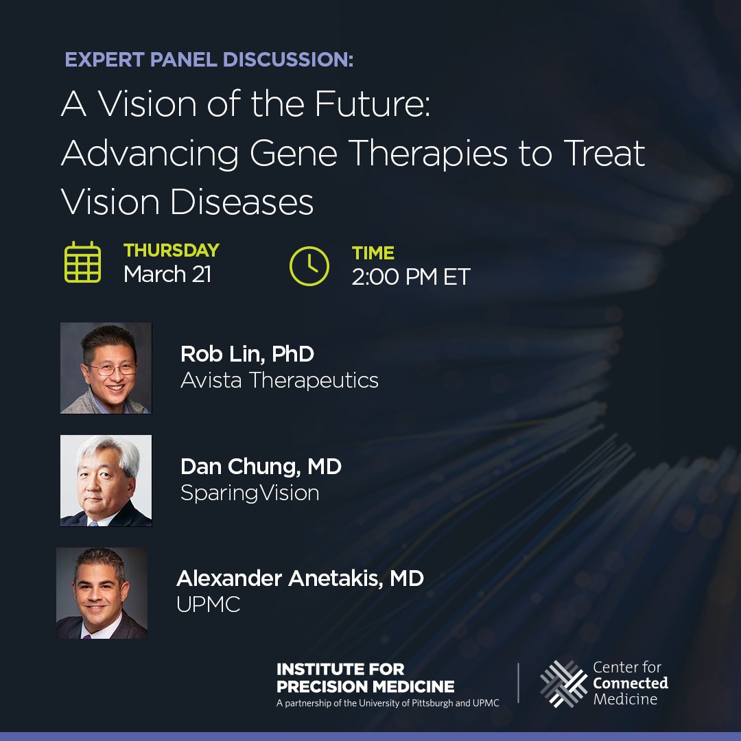 🔍 Join us for live Q&A! Tomorrow at 2pm ET, our panel of industry and clinical experts from @AvistaTx, @UPMC, and @SparingVision will discuss the remarkable journey of #genetherapies for vision diseases. Register now🔗bit.ly/42QnrkA