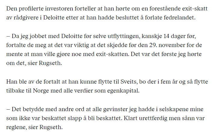 Jens Rugseth forteller i dag åpent om hvordan Deloitte i 2022 solgte inn til ham hvordan han kunne utnytte hullet i fritaksmetoden for å unngå tiår med utsatt skatt dn.no/marked/skatt/s…