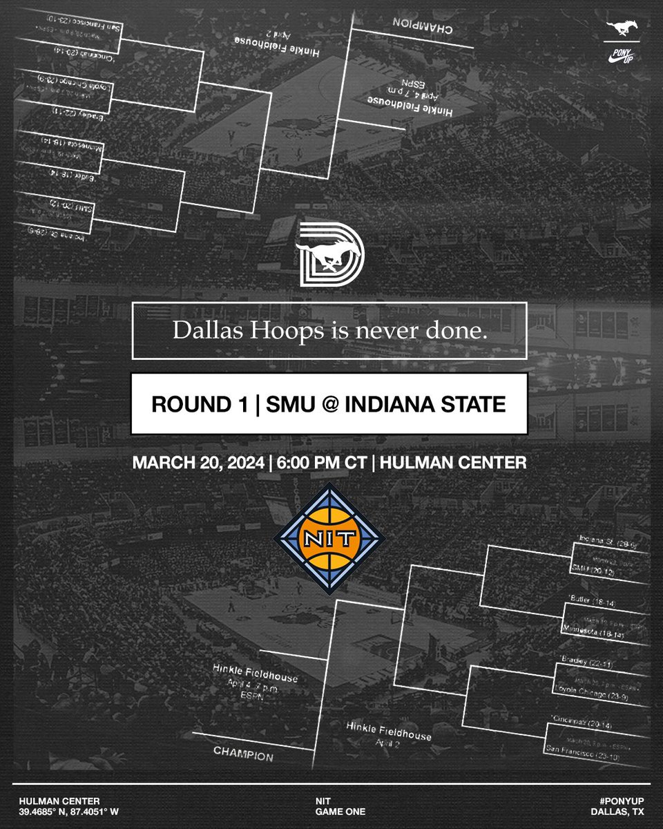 𝐑𝐨𝐮𝐧𝐝 𝟏 🔒 🗓️ March 20th ⏰ 6 PM CT 🆚 Indiana State 🏟️ Hulman Center 📺 ESPN+ #PonyUpDallas | #NIT