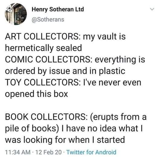 The various collectors

#bdrpublishing #readingmemes #amreading #ilovebooks #bookworm #readingclub #readers #neverenoughbooks #morebooks #bookcollectors