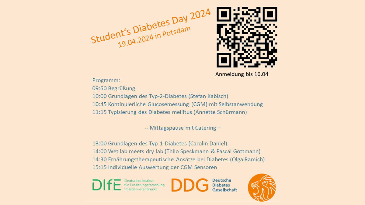 Du studierst #Medizin und interessierst dich für #Diabetologie? Dann sei am Fr., 19.4.2024 beim Student's Diabetes Day dabei! Die Teilnahme ist kostenfrei, Anmeldung erforderlich bis 16.4. ➡️bit.ly/492gYEC Eine Veranstaltung d. AG Nachwuchs der @DDG_Tweets und dem DIfE.