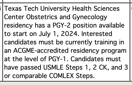Attention: super rare PGY2 spot in OB-GYN open in Texas for July start. 

Program: Texas Tech Lubbock in Lubbock Texas

Req: PGY1 year completion 
Visa: sponsors J1 visas - yes 

Link: ttuhsc.edu/medicine/obste…

#Unmatched2024 #SOAP2024 #MatchDay2024