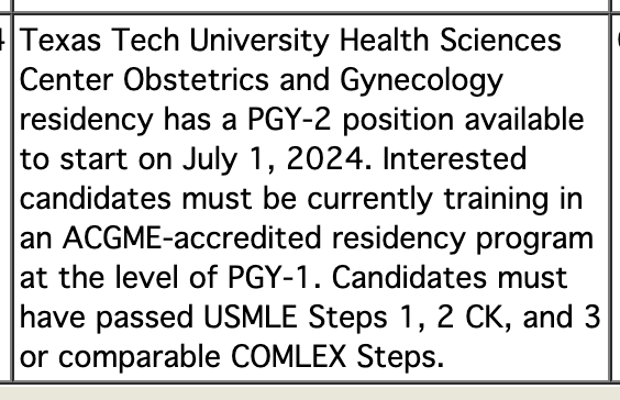 Attention: super rare PGY2 spot in OB-GYN open in Texas for July start. Program: Texas Tech Lubbock in Lubbock Texas Req: PGY1 year completion Visa: sponsors J1 visas - yes Link: ttuhsc.edu/medicine/obste… #Unmatched2024 #SOAP2024 #MatchDay2024