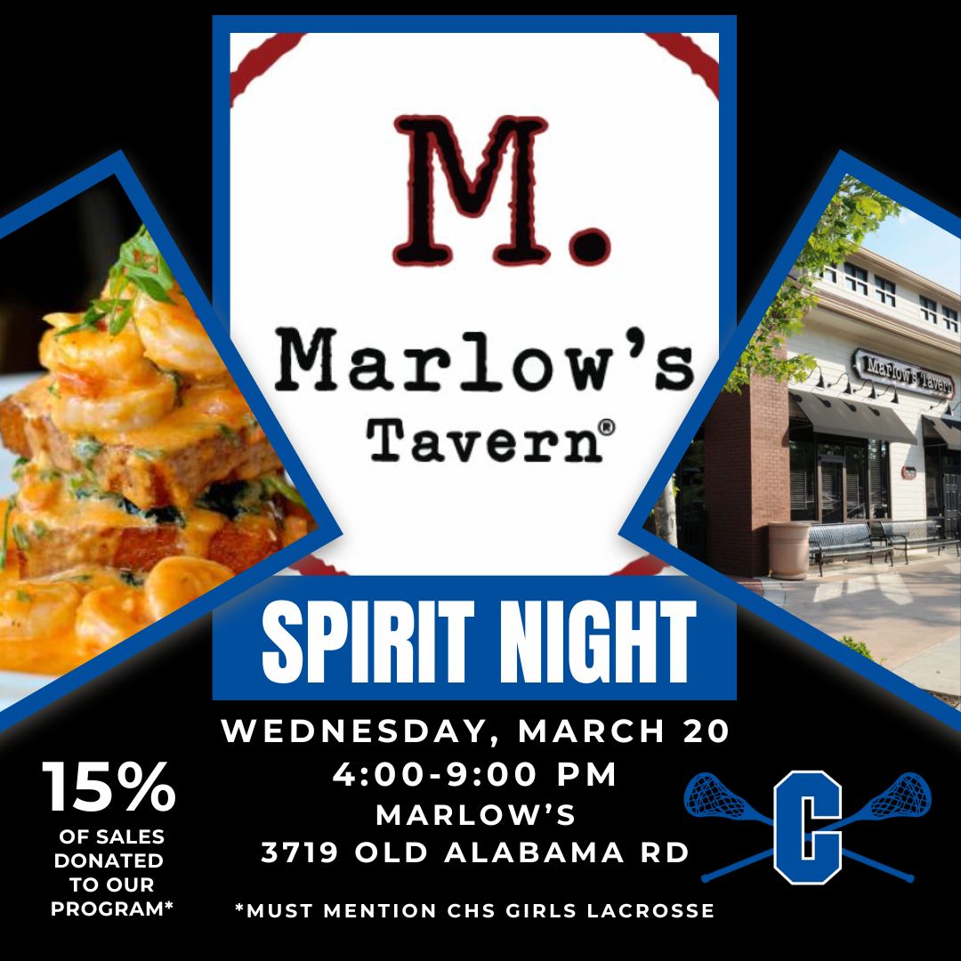 Reminder to join us TONIGHT from 4:00-9:00 p.m. for our Spirit Night at @MarlowsTavern! Mention CHS Girls Lax and 15% of in-restaurant or carry-out sales will be donated to our program! See you tonight and GO KNIGHTS!! 🥍💙🖤🥍