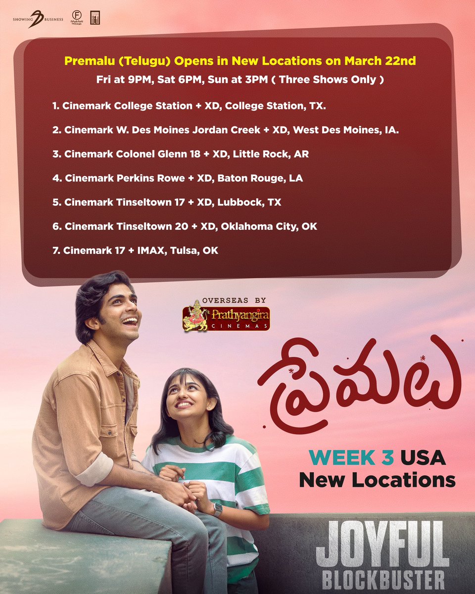 Spreading the madness even further! #PremaluTelugu new locations are being added from March 22nd to the ones mentioned below ❤️ let’s celebrate #PremaluWithGANG at your nearest screens 💥 OVERSEAS BY @PrathyangiraUS #Premalu @SBBySSK @SSK1122