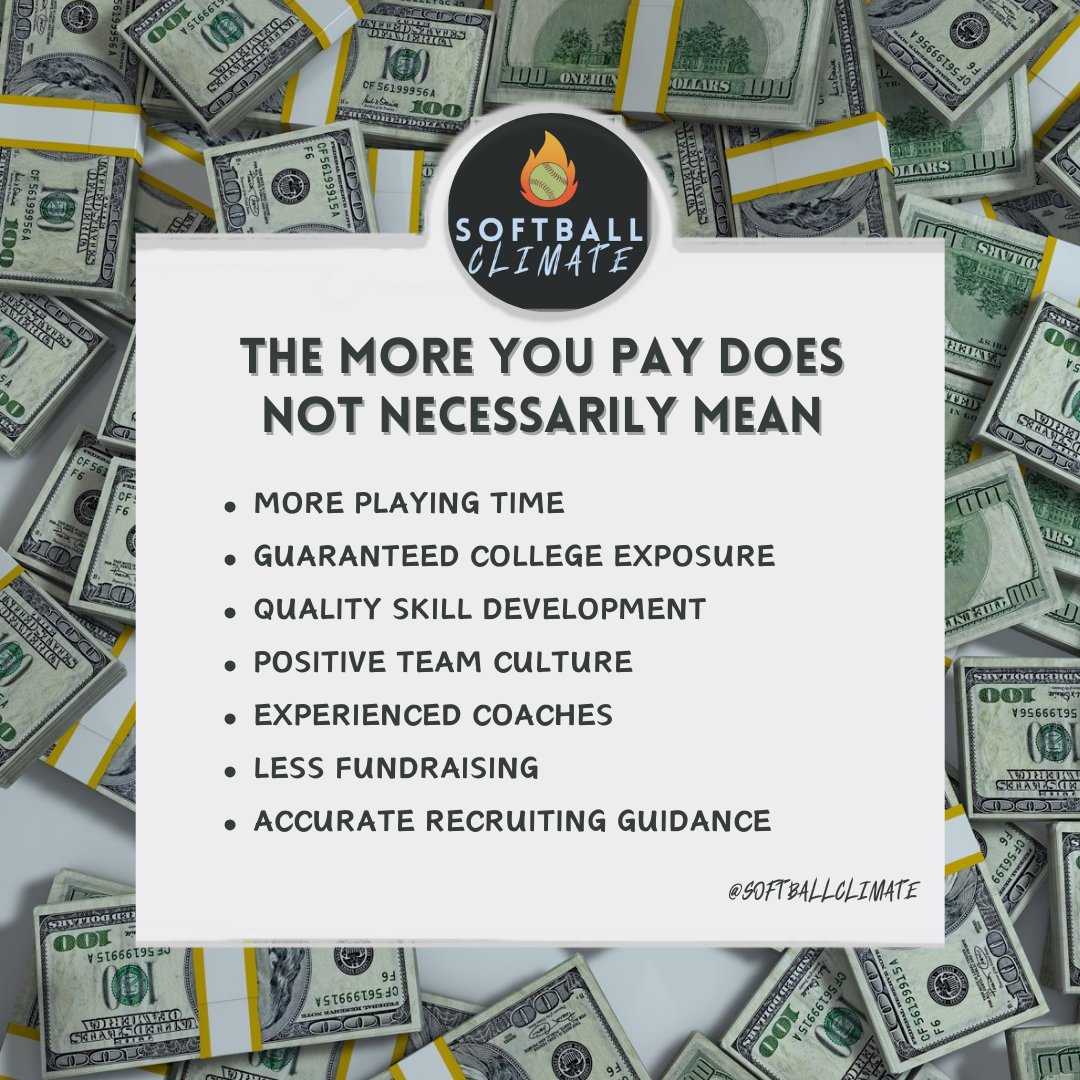 When choosing the "best fit" in an organization and travel ball team, fees can range from $500 to $10,000/yr and often do not include travel expenses. 

Do your due diligence and know the more you pay does not necessarily translate into meeting your expectations. #TravelBall 🥎
