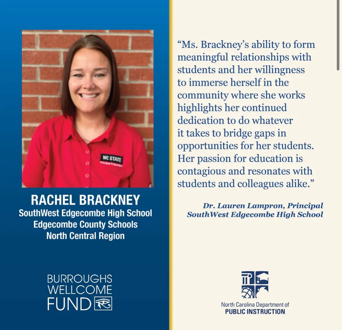 TOY State finalist. 💙🐾. Proud of Rae Brackney — I’ve learned a tremendous amount working with her at the two schools we’ve served together. She is now in the NC State’s Cohort of Principal Fellows to increase her influence. #NCTOYPOY @NCStateCED @NCPFellows
