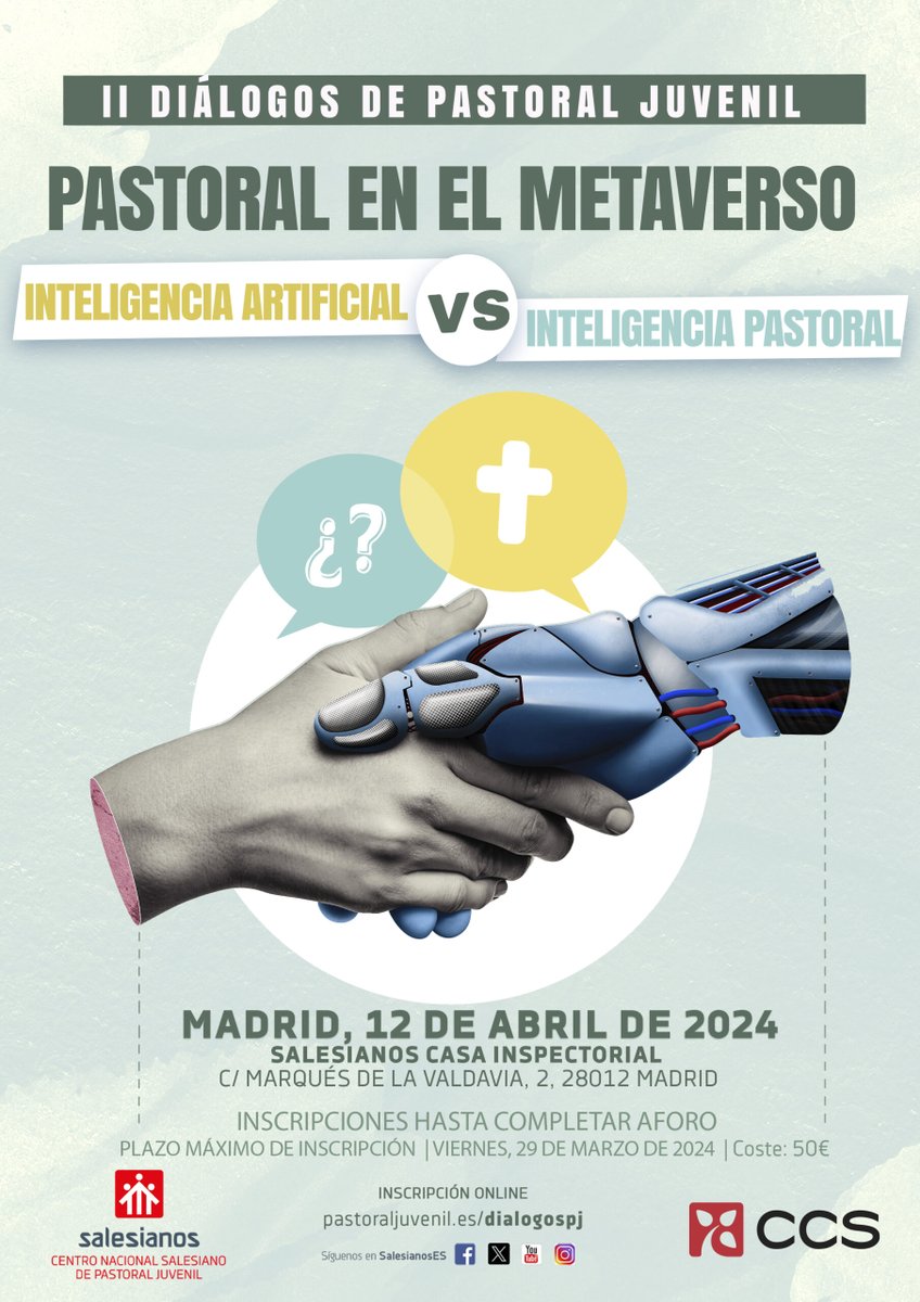 El Dr. Jaime Tatay, SJ, @JaimeTatay Profesor y co-director de @CatedraCTR, será ponente en 'Diálogos de pastoral juvenil' de @SalesianosEs con su ponencia 'Mundo virtual e inteligencia artificial: desafíos a la acción pastoral'. Inscripciones y + info👇 📲pastoraljuvenil.es/dialogospj/