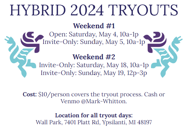 HybridUltimate's tweet photo. We are excited to announce the Hybrid 2024 tryout dates!

Fill out the tryout survey below by April 27! This survey lets us know who to contact about tryout details so it is very important to fill this out, even if you've filled out the interest survey.
https://t.co/m01uCvli1B https://t.co/9NXRqTvQjx
