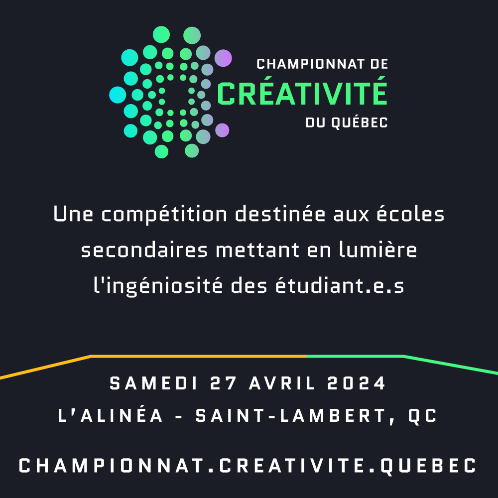 Creativite_Qc's tweet image. 📣 La date limite pour soumettre votre candidature pour participer au Championnat de créativité du Québec est le 31 mars.

Pour soumettre la candidature de votre école secondaire, veuillez consulter 👇
lnkd.in/eCeGsfHw

#CCQ2024 #créativité #secondaire #jeunesse #Québec