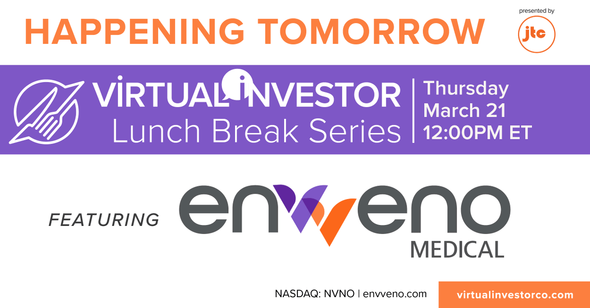 #TuneInTomorrow for our Virtual Investor Lunch Break: The enVVeno Opportunity at 12 PM ET. Register here: bit.ly/3x5XvFq 

 @envvenomedical#VenousDisease #ChronicVenousInsufficiency #ChronicVenousDisease