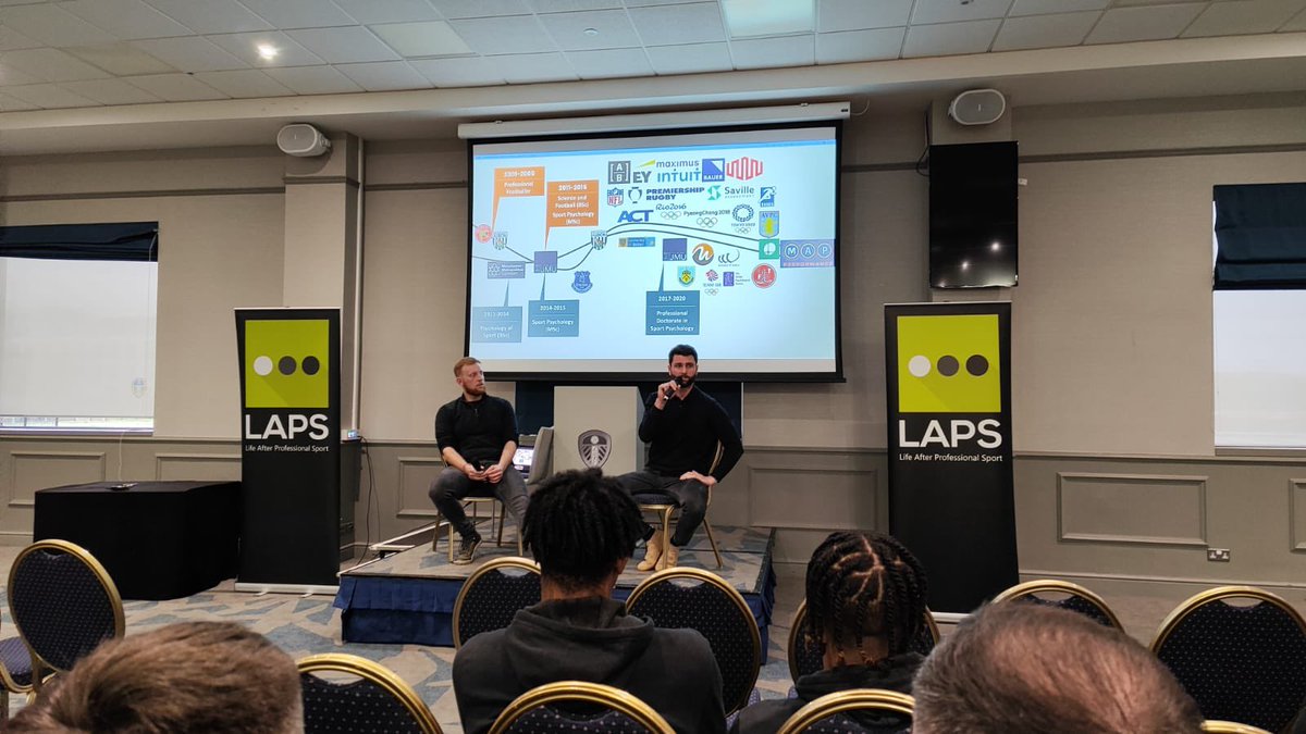 Great to catch to with @geoffderham1 from @Allsportinsure today at the LAPS (Life After Professional Sport) conference at Elland Road, where our colleagues Francis Stephenson and @gazellis12 took part in some fascinating discussions around planning for transition.