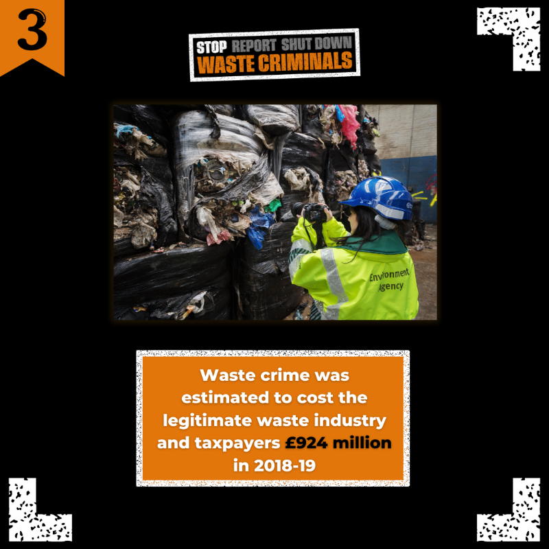 EnvAgency's tweet photo. Swipe to learn five facts about waste crime!

Waste criminals affect all our lives, in the places we live and through the taxes we pay.

If you know or suspect illegal waste activity, report it anonymously to @CrimestoppersUK or call 0800 555 111.

https://t.co/KIF39IzhPP