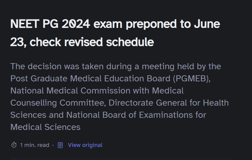 #NEETPG2024 exam preponed to preponed to JUNE 23..

The decision was made in a meeting by the PGMEB, National Medical Commission, Medical Counselling Committee, Directorate General for Health Sciences, and National Board of Examinations for Medical Sciences.