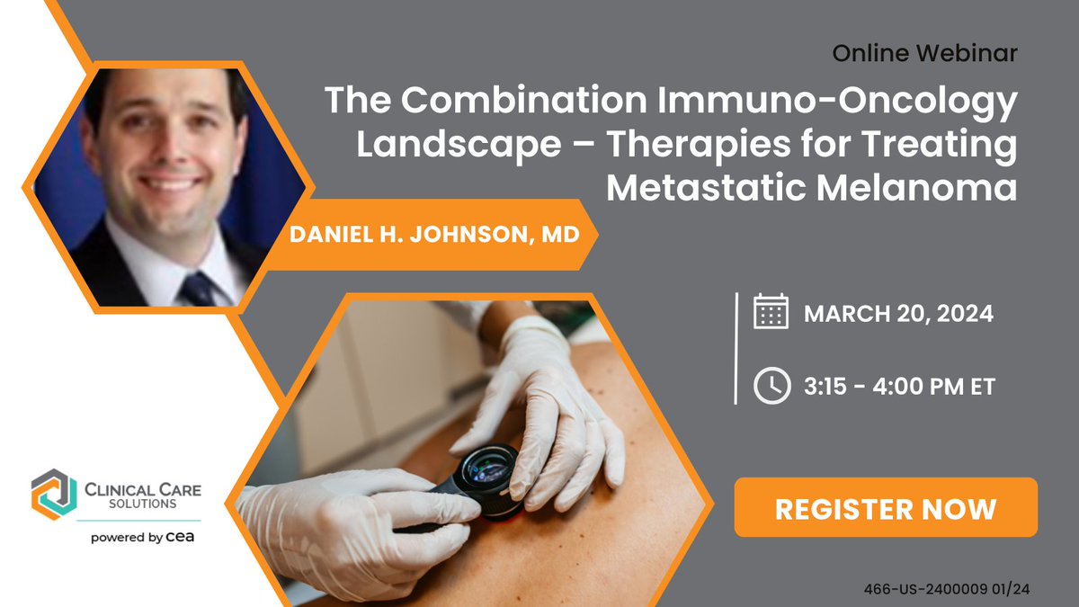 Interpret recent clinical trials that led to the approval of I-O agents, including 1L combination therapies for the management of metastatic melanoma. Claim your seat! bit.ly/3TK59ys #oncology #hematology