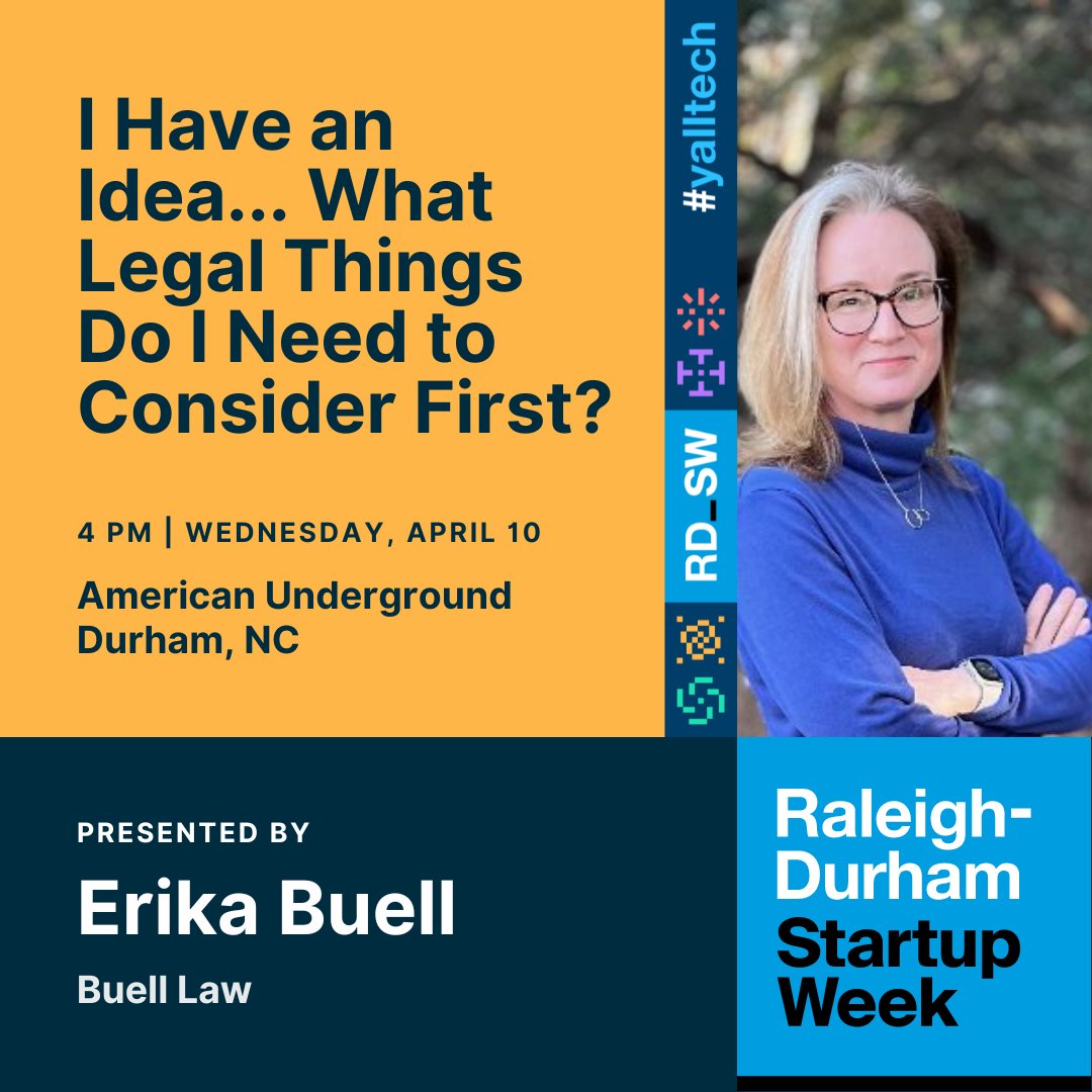 Join us for Prof. Erika Buell's (@EJSBuell) expert take on legal must-knows for founders: from initial idea protection to best practices in business law.

Get free access to this Idea Track Session & 50 other @RDStartupWeek events! 

raleighdurhamstartupweek.com

#rdsw2024 #yalltech