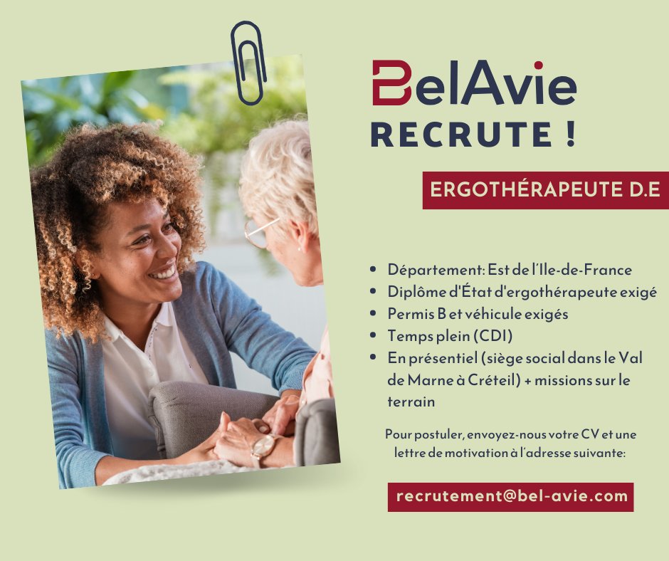 ❗BelAvie recrute  

Nous recherchons un(e) ergothérapeute DE dans l'Est de l'Ile-de-France pour un contrat en CDI. Vous pouvez retrouver toutes les informations sur la fiche de poste ci-jointe : buff.ly/48XoKPW