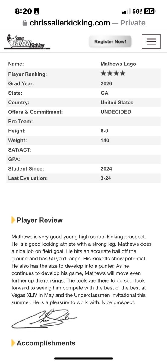 After a good camp this past weekend with @Chris_Sailer , I’m blessed to be ranked a 4⭐️ and #12 in Georgia! Can’t wait to compete in the Underclassmen Invitational in June!#AGTG @PopeFootball @CoachOSullivan @FGKOnline @Chris_Sailer